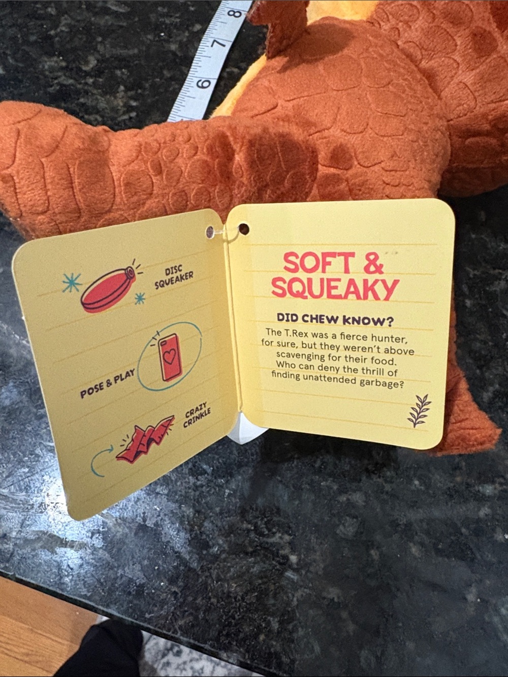 Bark Orange and Yellow Plush T-Rex Dog Toy - Picture 4 of 7
